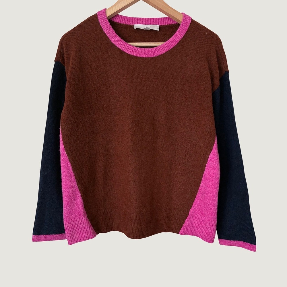 LOFT Petites Colorblock Crewneck Sweater Brown Pink Navy Blue MP Preppy Retro